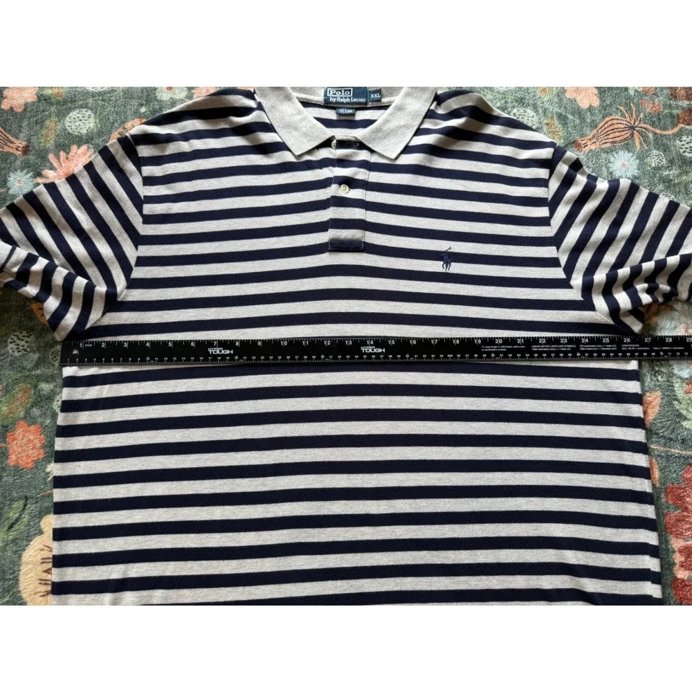 Polo Ralph Lauren Men XXL Striped Polo Shirt Navy Grey Short Sleeve Cotton Pique